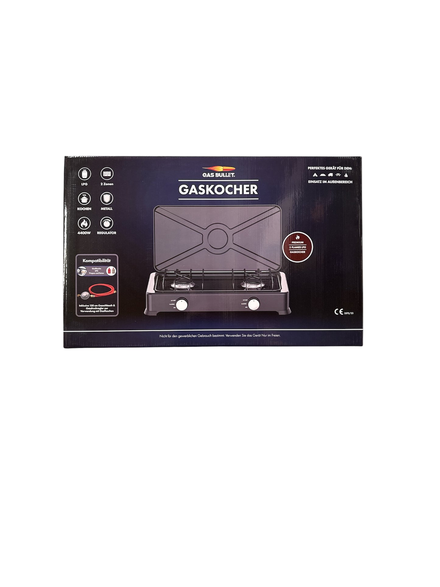 Gas Kocher Premium 2 Flames LPG inklusive 150cm Gasschlauch & Gasdruckregler