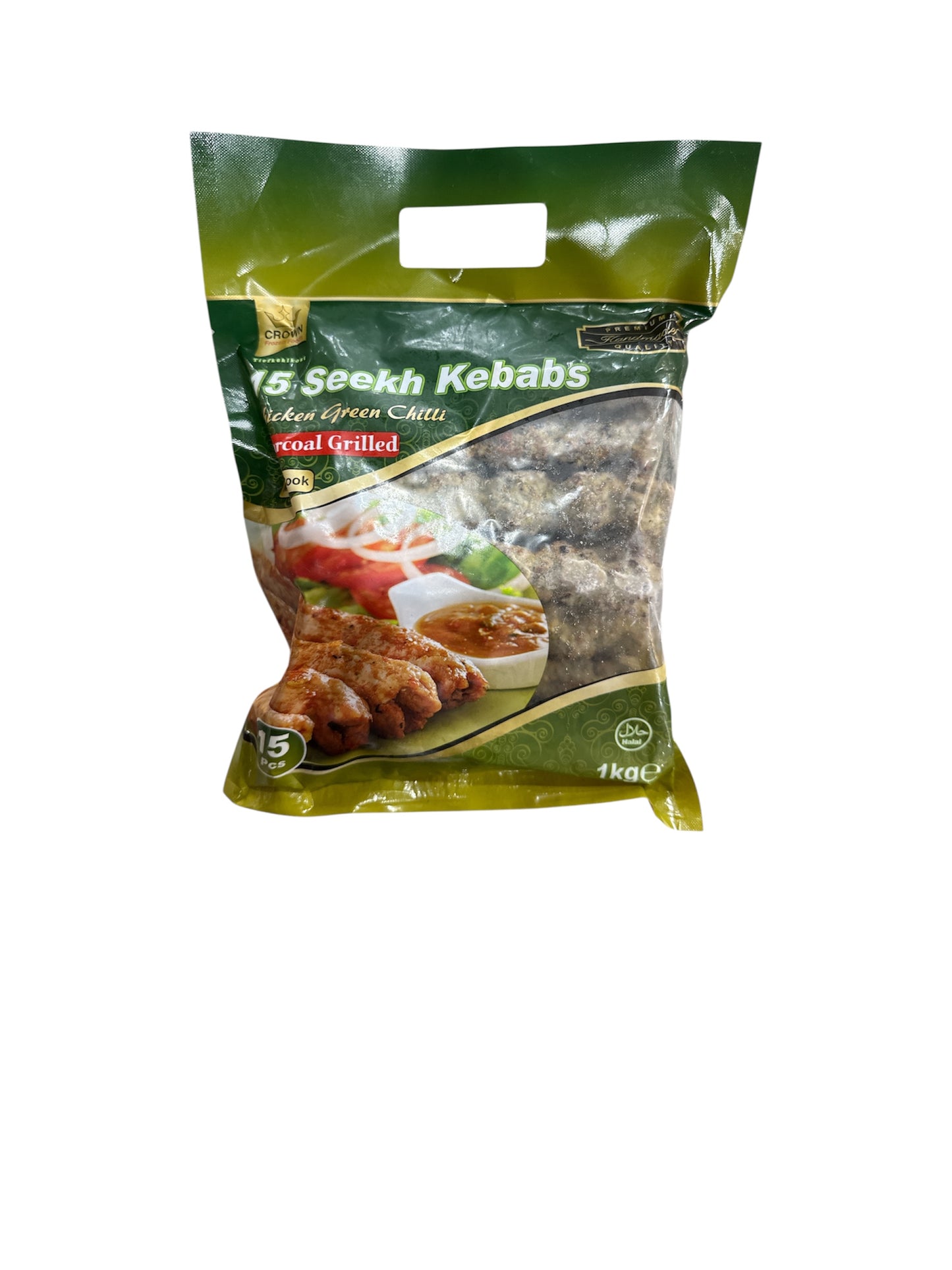 Crown Sheekh Kebabs Hühnchen, grünes Chili, Holzkohle, 900 g (15 Stück gefroren)