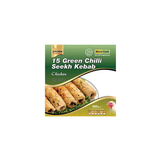 Crown Sheekh Kebabs Hühnchen, grünes Chili, Holzkohle, 900 g (15 Stück gefroren)